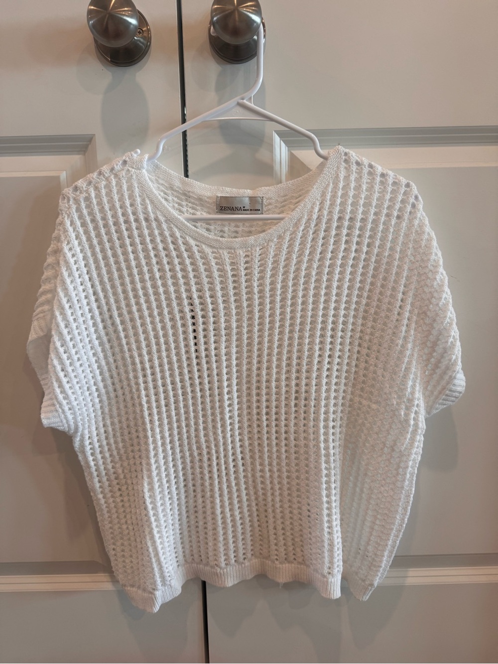 Zenana Outfitters White Open-Stitch Short Sleeve Sweater